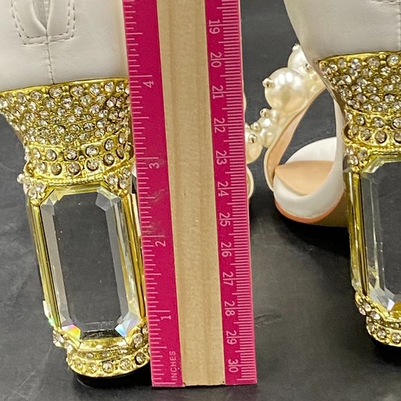 FSJ Ivory Pearl Open Toe Ankle Strap Chunky Crystal High Heels Prom Sandal. - Picture 8 of 9
